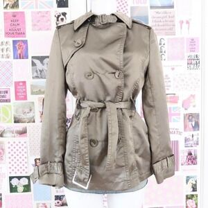 zara y2k olive green belted mini trench coat size M